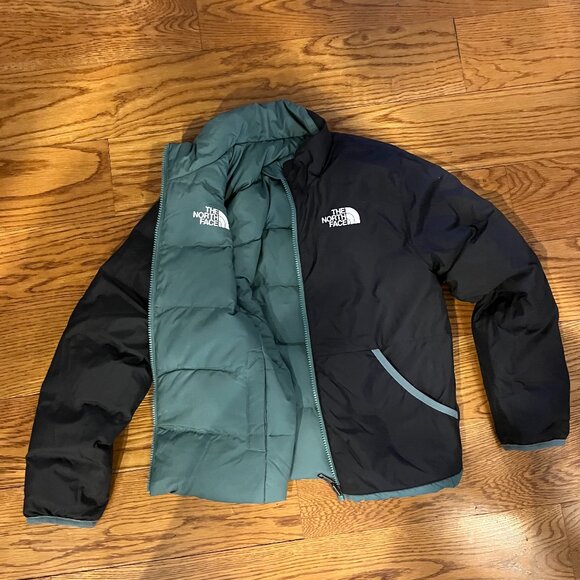 North Face Reversible Sage Green/Black Puffer Jacket Size 10 - Picture 1 of 9